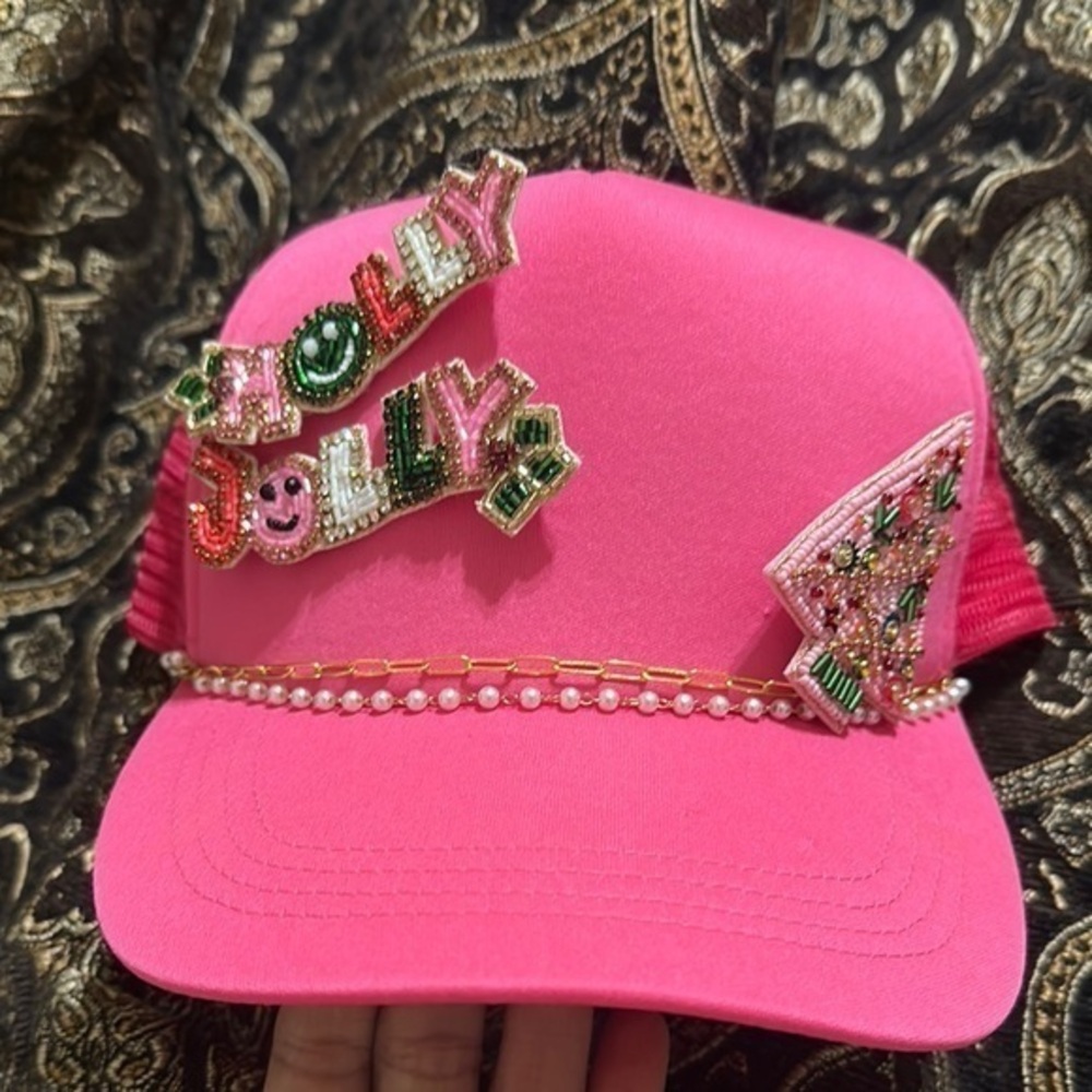 Pink Jolly Holly Hat with Gold Accents Christmas brooch pins